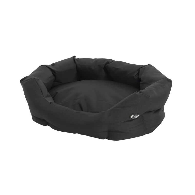 Oval bolster-type black dog bed pictured on a white background. 