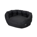 Oval bolster-type black dog bed pictured on a white background. 