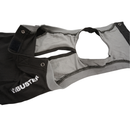 White background with one black bodysuit for dogs pictured with the back section open, showing the hole for the dog's tail and rear. 