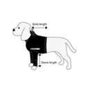 White background with a black and white illustrated dog wearing a black body suit with guides demonstrating now to measure your dog for the bodysuit. 