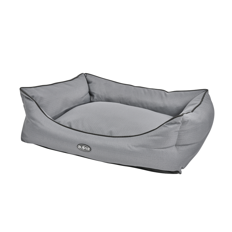 A rectangle Bolster-type grey dog bed with black trimming pictured on a white background. 