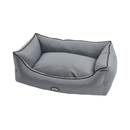 A rectangle Bolster-type grey dog bed with black trimming pictured on a white background. 