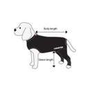 White background with a black and white illustrated dog wearing a black body suit with guides demonstrating now to measure your dog for the bodysuit. 