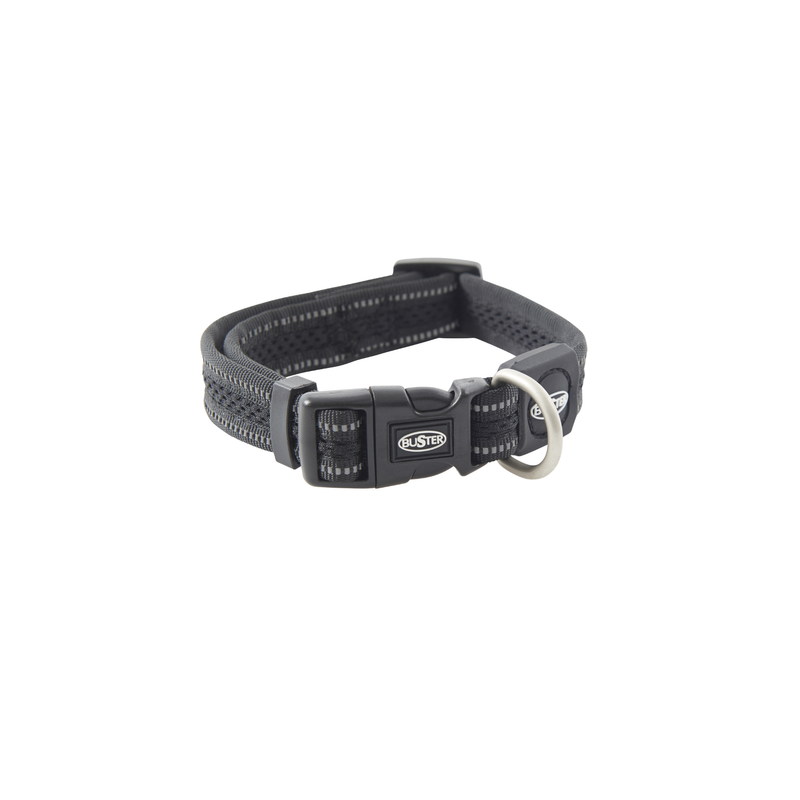 White background with a Small black BUSTER Reflective Mesh Collar with grey reflective strips. 