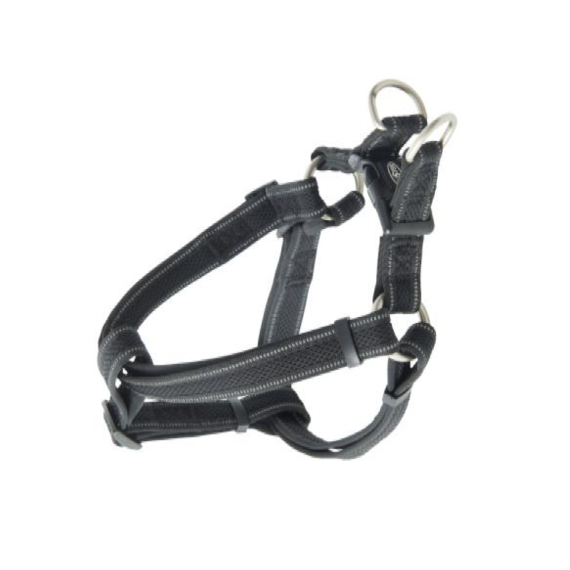 White background with a large BUSTER Reflective Mesh Step-in Harness with grey reflective thread strips. 