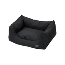 Bolster-type black dog bed pictured on a white background. 