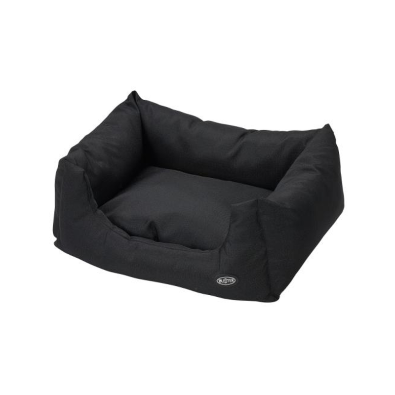 Bolster-type black dog bed pictured on a white background. 