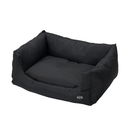 Bolster-type black dog bed pictured on a white background. 