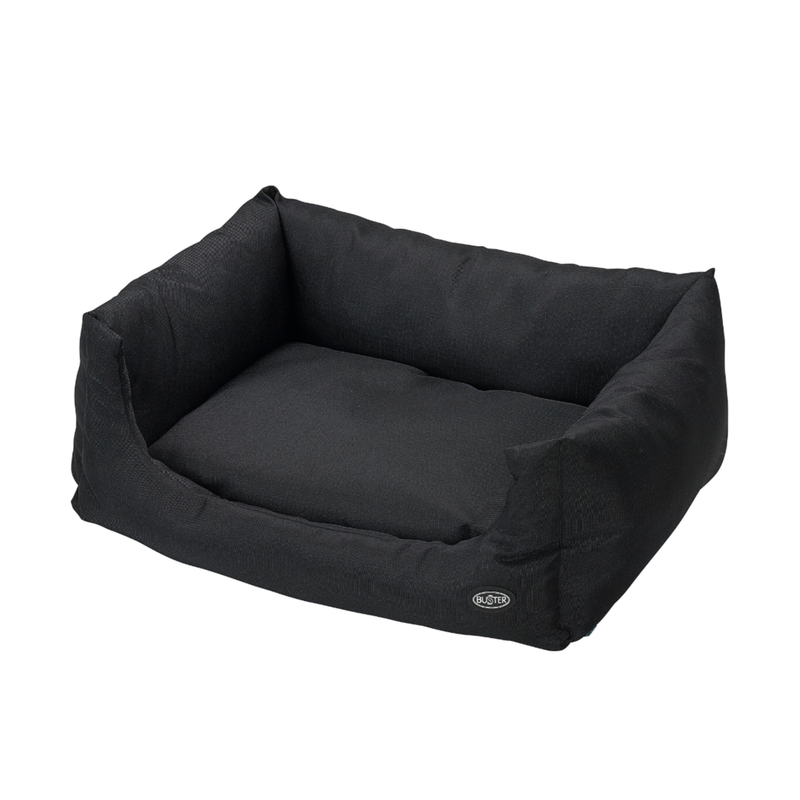 Bolster-type black dog bed pictured on a white background. 