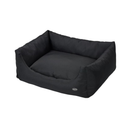 Bolster-type black dog bed pictured on a white background. 