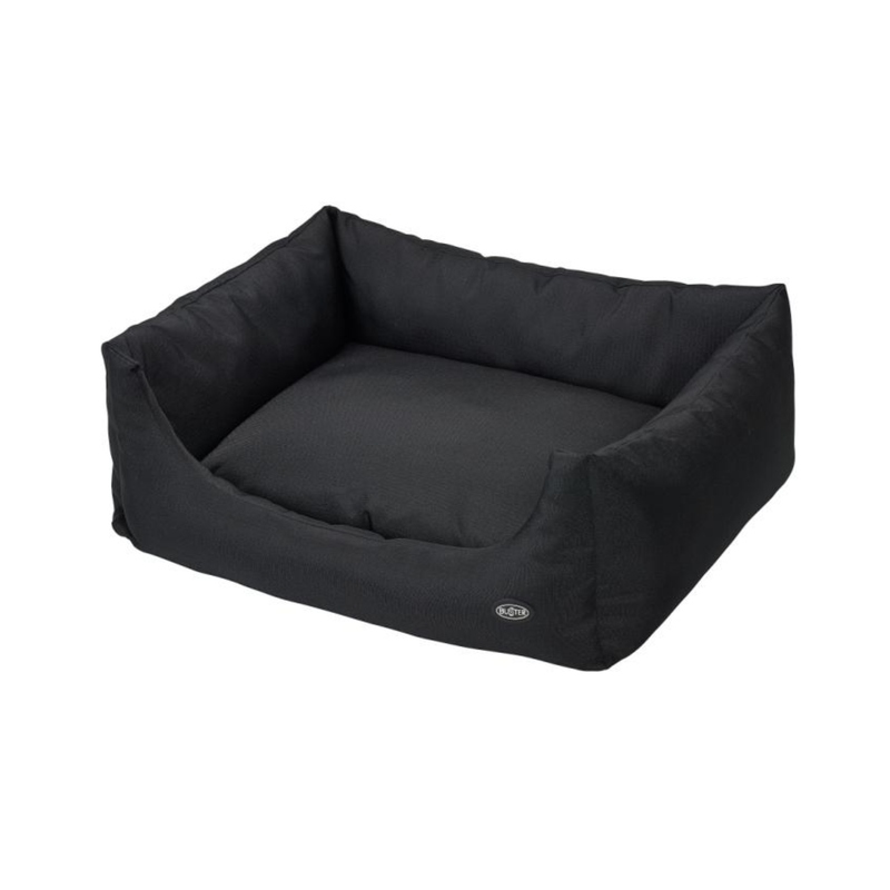 Bolster-type black dog bed pictured on a white background. 