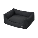 Bolster-type black dog bed pictured on a white background. 