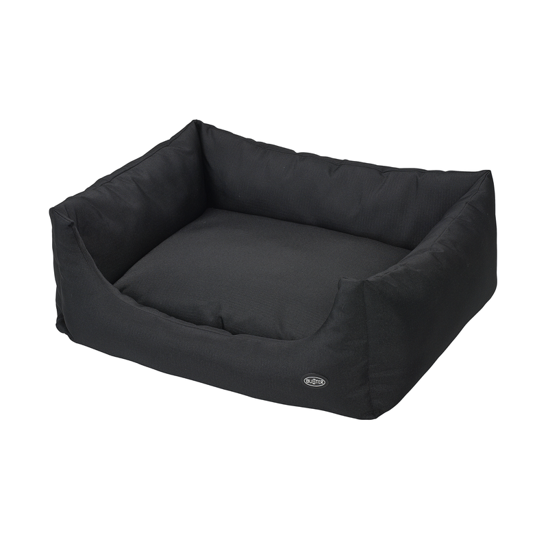 Bolster-type black dog bed pictured on a white background. 