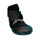 White background with a black dog boot pictured. The boot has a rubber front and white text above which says 'Walk A Bout'. 