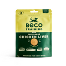 White background with a packet of Beco Dog Treats pictured. On the packet is an illustrated silhouette of a running dog. Text on the pack reads, 'Beco Training, Free Range Chicken Liver' with a picture of a round treat, text below reads 'Parsnip & Honey, Reserved for Good Dogs.'  