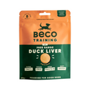 White background with a packet of Beco Dog Treats pictured. On the packet is an illustrated silhouette of a running dog. Text on the pack reads, 'Beco Training, Free Range Duck Liver' with a picture of a round treat, text below reads 'Sage & Carrot, Reserved for Good Dogs.'  
