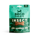 White background with a packet of Beco Dog Treats pictured. On the packet is an illustrated silhouette of a running dog. Text on the pack reads, 'Beco Treats, Insect' with a picture of a bone shaped treat, text below reads 'Apple, Chia Seeds & Parsley, Tail Waggingly Tasty.'  