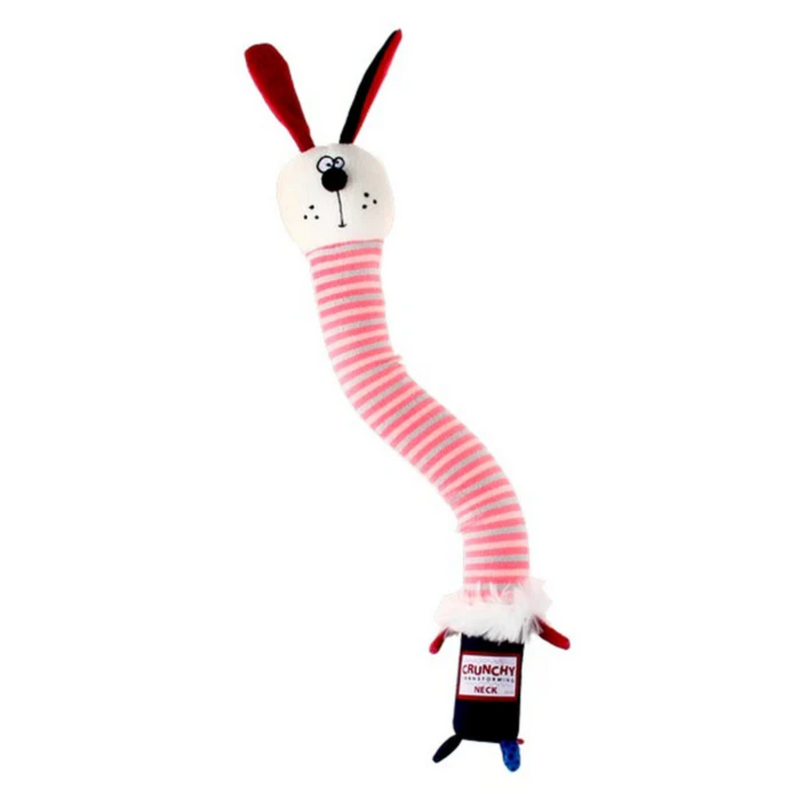 Rabbit shaped dog toy with an long bendy pink and grey stripy neck and small black and blue body. Rabbit has a friendly cartoon style face on a white background. 