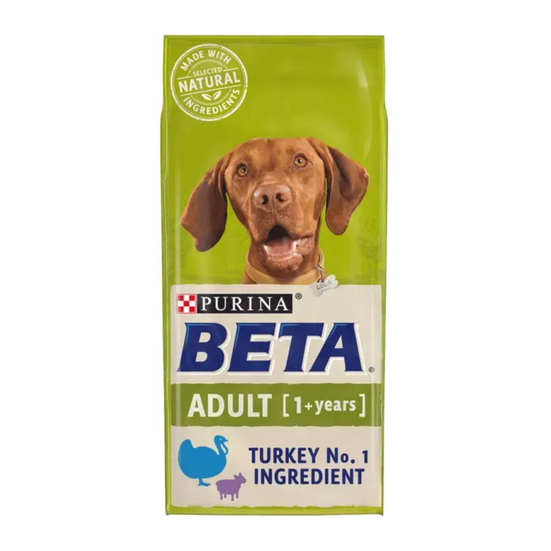 White background with a green bag of Purina Beta Adult Dog Food. Pictured on the bag is a Vizsla dog, text on the bag reads 'Purina Beta, Adult (1+ years) Turkey No.1 Ingredient.' 