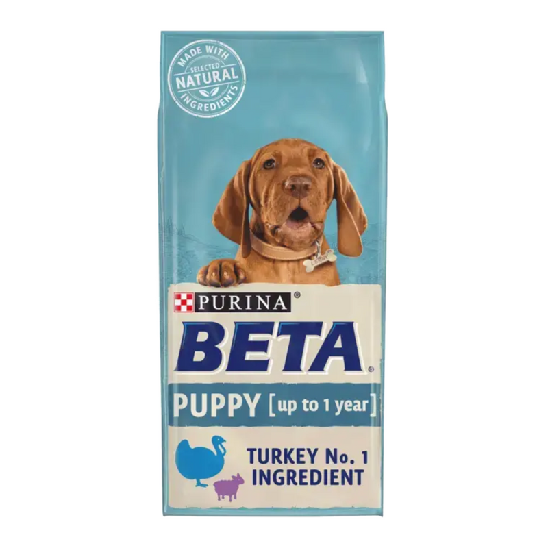 White background with a blue bag of Purina Beta Puppy Food. Pictured on the bag is a Vizsla puppy text on the bag reads 'Purina Beta, Puppy (up to 1 year) Turkey No.1 Ingredient.' 