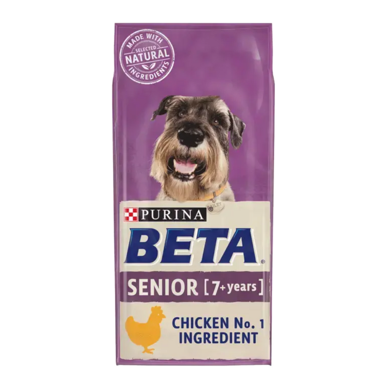 White background with a purple bag of Purina Beta Senior Food. Pictured on the bag is a Schnauzer dog text on the bag reads 'Purina Beta, Senior (7+ years) Chicken No.1 Ingredient.' 