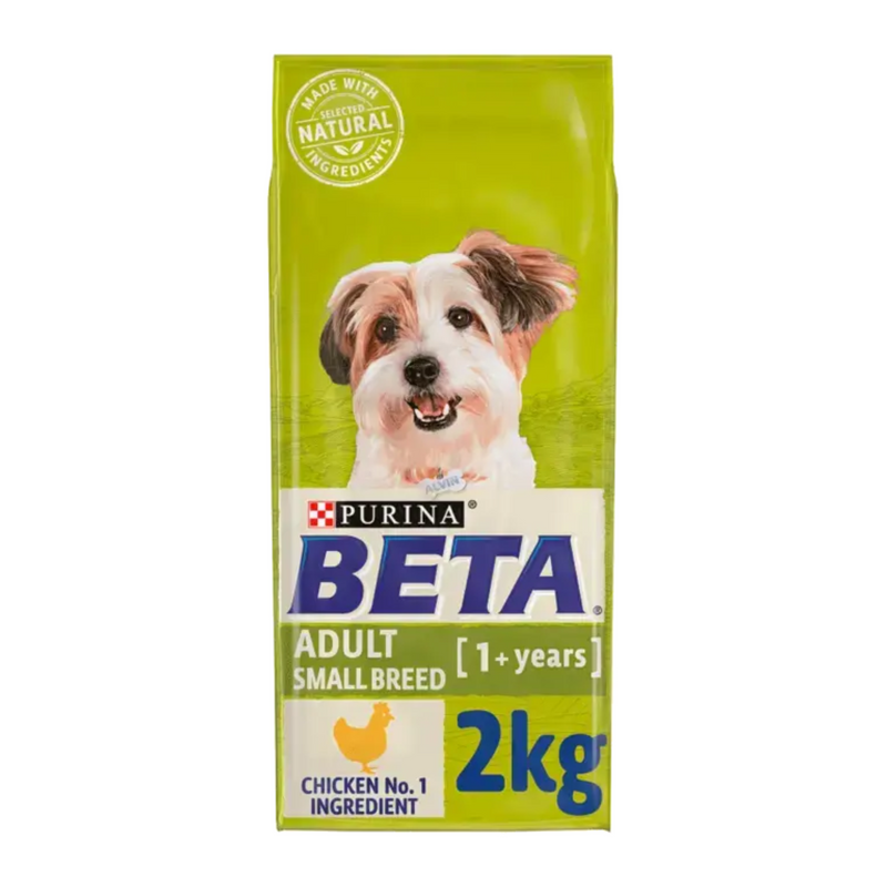 White background with a green bag of Purina Beta Small Breed Adult Dog Food. Pictured on the bag is a mixed terrier-type dog, text on the bag reads 'Purina Beta, Adult Small Breed (1+ years) Chicken No.1 Ingredient.' 