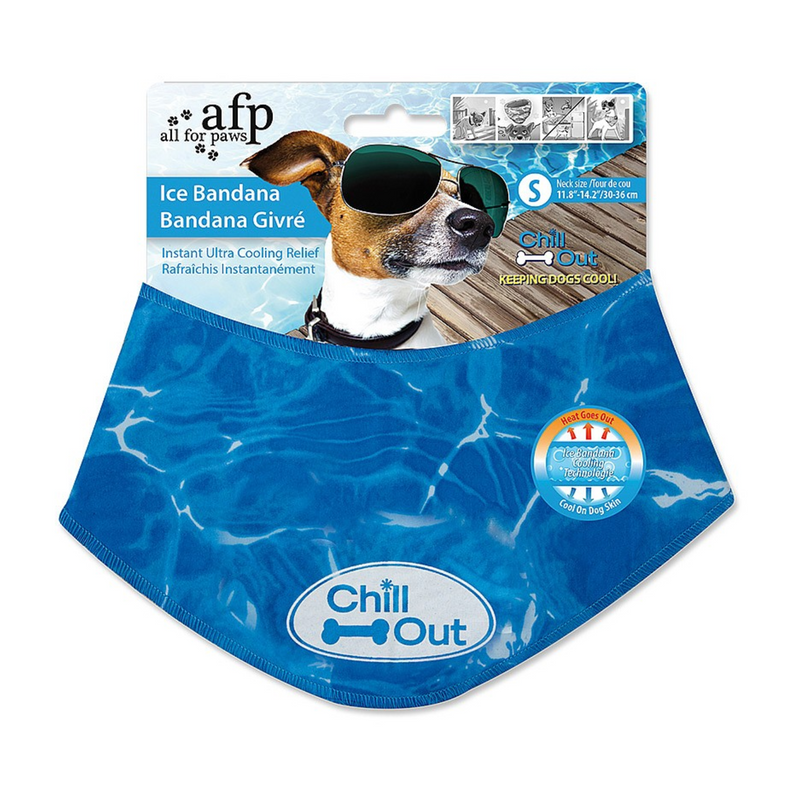 Blue bandana with wave design, with white oval with 'Chill Out' text in blue inside and a small blue dog amongst the text. Backed on cardboard packaging, with a Jack Russell with sun glasses pictured on the packaging with text 'Ice Bandana', 'Instant Ultra Cooling Relief', 'Chill Out' and 'Keeping Dog Cool' 