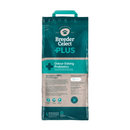 White background with back view of a bag of Breeder Celect PLUS recycled paper cat Litter. 