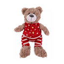 White background with a brown bear plush dog toy with red fabric with stars waist coat and red and white stripy trousers, a brown nose with stitched eye details. 