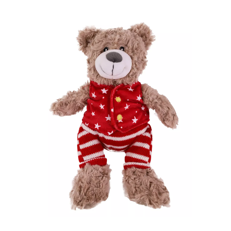 White background with a brown bear plush dog toy with red fabric with stars waist coat and red and white stripy trousers, a brown nose with stitched eye details. 