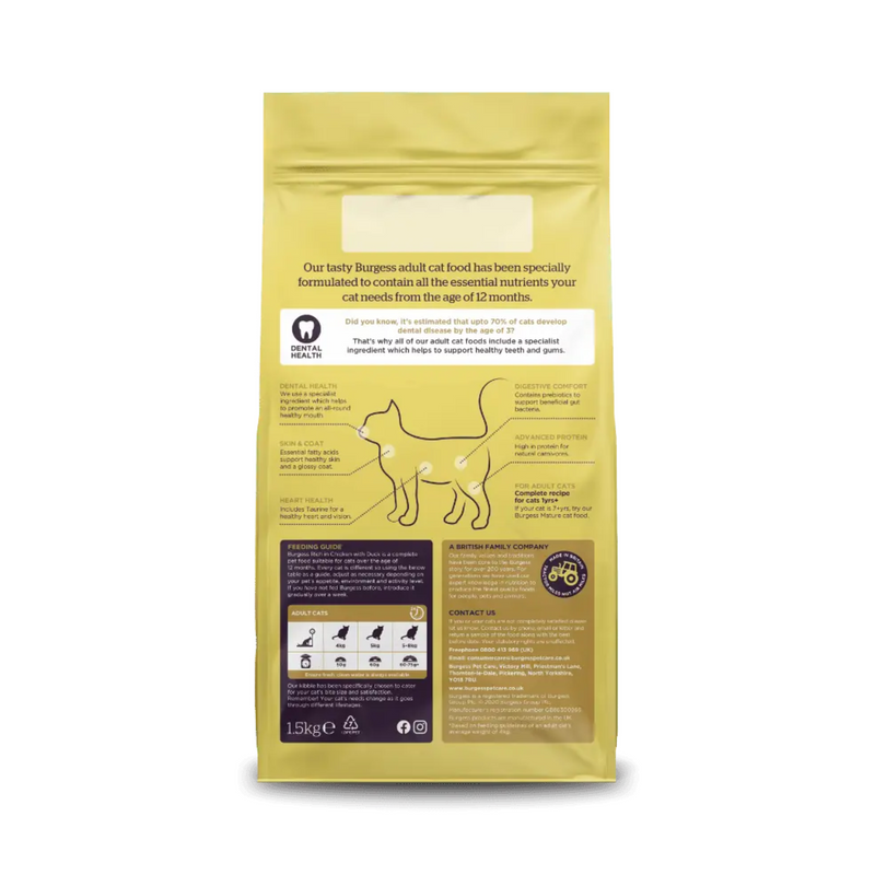 White background with back view of a bag of Burgess Adult Cat Chicken and Duck dry food. 