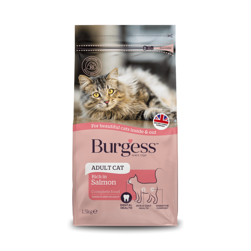 White background with a bag of Burgess Adult Cat dry food. On the bag is a long haired tabby cat on it's side. Text on the bag reads 'Burgess Adult Cat, Rich in Salmon, Complete Food. 1.5kg' 