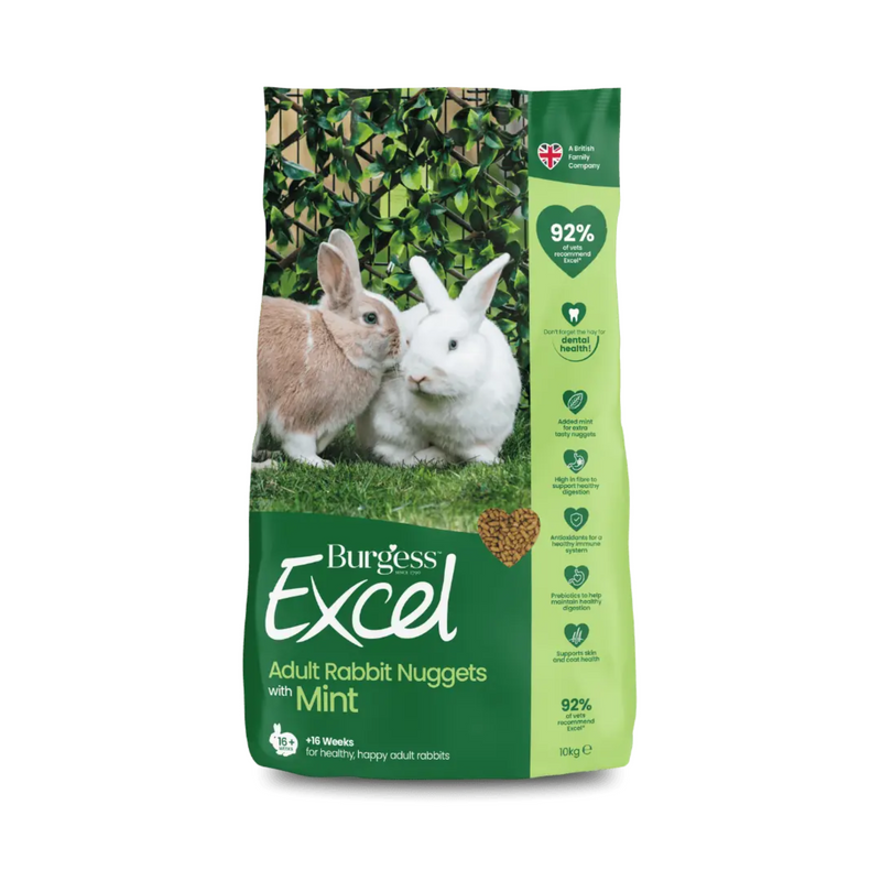 White background with a bag of Burgess Excel Adult rabbit dry food. On the bag are two adult rabbits on grass. Text on the bag reads 'Burgess Excel, Adult Rabbit Nuggets with Mint.' 