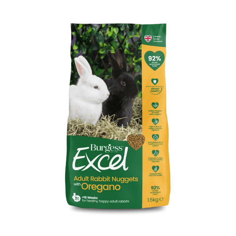 White background with a bag of Burgess Excel Adult rabbit dry food. On the bag are two adult rabbits on grass. Text on the bag reads 'Burgess Excel, Adult Rabbit Nuggets with Oregano.' 