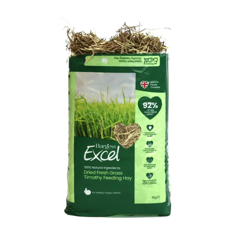 White background with a bag of Burgess Dried Fresh Grass Timothy Feeding Hay. The bag is green with a heart shape window showing the hay inside. Text on the bag reads 'Burgess Excel, Dried Fresh Grass Timothy Feeding Hay.'