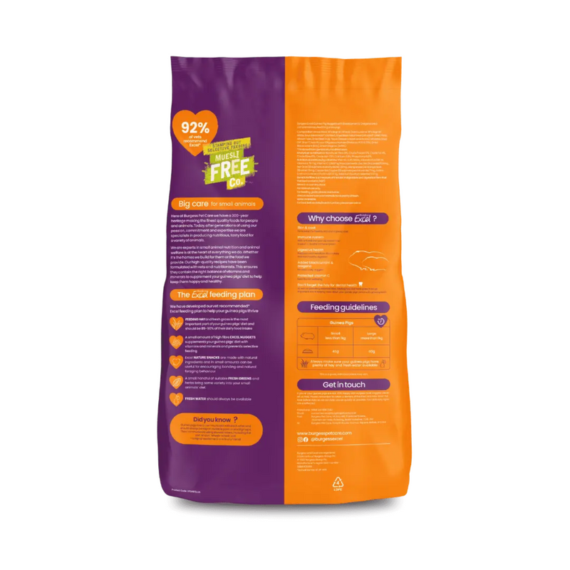 White background with back view of a bag of Burgess Adult Guinea Pig dry food with Blackcurrant and Oregano.