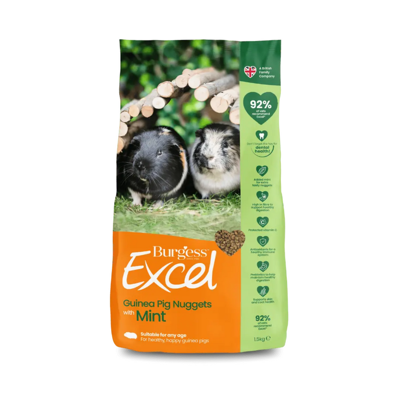 White background with a bag of Burgess Guinea Pig Nuggets with Mint dry food. On the bag is two Guinea pigs in a wooden shelter, on grass. Text on the bag reads 'Burgess Excel, Guinea Pig Nuggets with Mint'. 