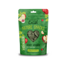White background with a picture of a green packet of Burgess Excel Nature Snacks Herby Hearts with illustrated apples and herbs pictured on the packet. A heart shaped window shows the treats inside. 
