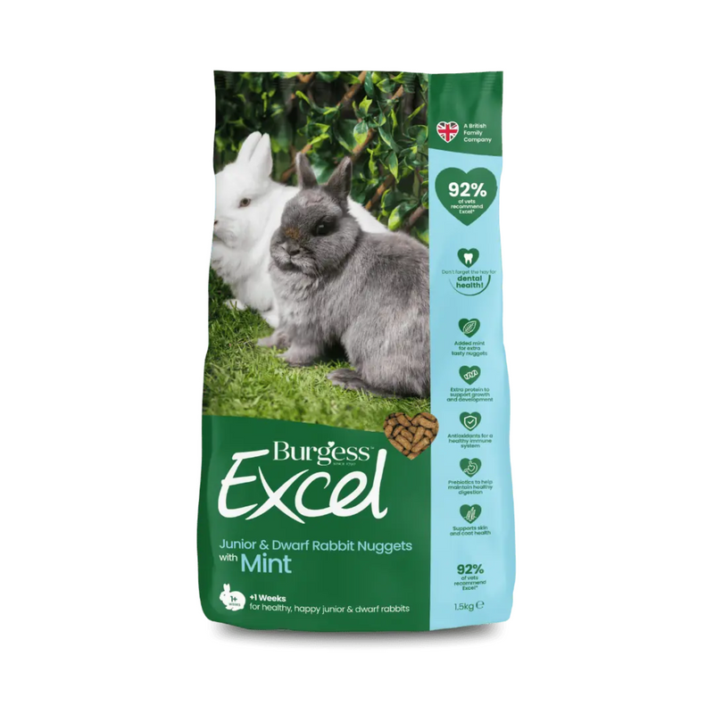 White background with a bag of Burgess Excel Junior & Dwarf rabbit dry food. On the bag are two dwarf rabbits on grass. Text on the bag reads 'Burgess Excel, Junior & Dwarf Rabbit Nuggets with Mint.' 