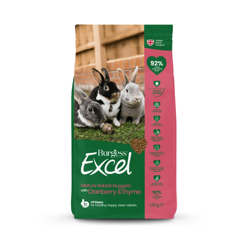 White background with a bag of Burgess Excel Mature rabbit dry food. On the bag are three adult rabbits on grass. Text on the bag reads 'Burgess Excel, Mature Rabbit Nuggets with Cranberry & Thyme.' 