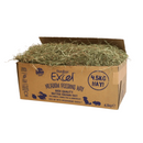 White background with a brown box of Burgess Excel Meadow Feeding Hay with an open lid showing the hay inside. 