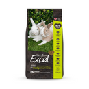 White background with a bag of Burgess Excel Nature's blend rabbit dry food. On the bag are two ginger and white rabbits on grass. Text on the bag reads 'Burgess Excel, Nature's Blend, Adult Rabbit Nuggets with Hedgerow Herbs'. 