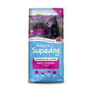 White background with a bag of Burgess Supadog Greyhound and Lurcher Adult dry food. On the bag is a Black Grey Hound pictured in the lavender field. Text on the bag reads 'Burgess SupaDog, Greyhound & Lurcher, Adult Complete, 1+ years with tasty chicken'. 