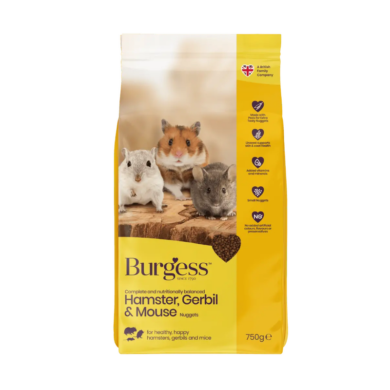 White background with a bag of Burgess Hamster, Gerbil and Mouse Nuggets dry food. On the bag is a Hamster, a Gerbil and a Mouse. Text on the bag reads 'Burgess Excel, Burgess Hamster, Gerbil and Mouse Nuggets.'