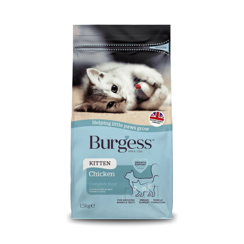 White background with a bag of Burgess Kitten dry food. On the bag is a silver tabby kitten on it's side. Text on the bag reads 'Burgess Kitten, Chicken Complete Food, 1.5kg' 