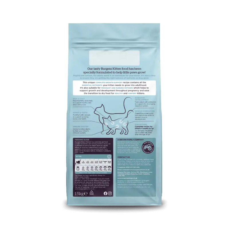 White background with back view of a bag of Burgess Kitten Chicken dry food. 