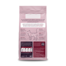 White background with back view of a bag of Burgess Mature Cat Turkey and Cranberry dry food. 