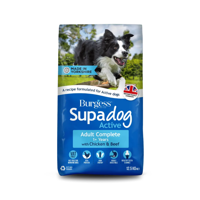 White background with a bag of Burgess Supadog Active Adult dry food. On the bag is a Border Collie pictured jumping over a log in the countryside. Text on the bag reads 'Burgess SupaDog Active, Adult Complete, 1+ years with Chicken & Beef'. 