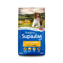 White background with a bag of Burgess Supadog Adult dry food. On the bag is a Springer Spaniel pictured in the countryside. Text on the bag reads 'Burgess SupaDog, Adult Complete, 1+ years with tasty chicken'. 