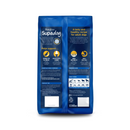 White background with back view of a bag of Burgess Supadog Chicken Adult dry food. 